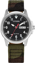 Load image into Gallery viewer, Citizen Men's Eco-Drive Weekender Garrison Field Watch in Stainless Steel with Camo Nylon strap, Black Dial (Model: BM8188-01E)
