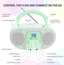 Load image into Gallery viewer, SingingWood GC01 Macarons Series Portable CD Player Boombox with AM FM Stereo Radio Kids CD Player LCD Display, Front Aux-in Port Headphone Jack, Supported AC or Battery Powered -Pistachio
