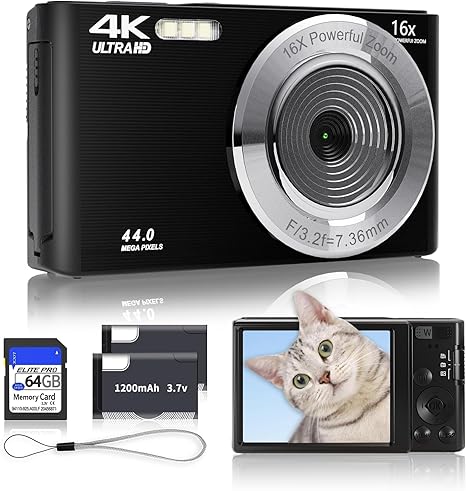 Black Digital Camera 2024 Upgrade 4K 44MP Digital Cameras for Teens, Digital Point and Shoot Camera for Kids with 16X Zoom, 64GB SD Card, Compact Small Camera for Boys Girls Teens Kids Gift