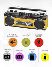 Load image into Gallery viewer, Riptunes Cassette Boombox, Retro Blueooth Boombox, Cassette Player and Recorder, AM/FM/SW-1-SW2 Radio-4-Band Radio, USB, and SD, Yellow
