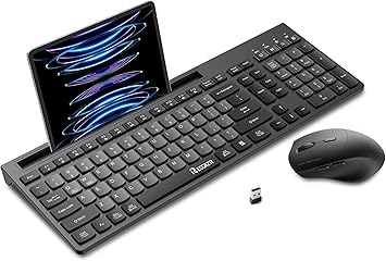 Wireless Keyboard and Mouse Combo, 2.4Ghz Silent Wireless Computer Keyboard with Phone Tablet Holder, 3 DPI Adjustable Ergonomic Mouse, Compatible with Mac Windows (Gray & Black)