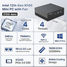 Load image into Gallery viewer, MINIX Z100-Aero Mini PC, Intel 12th Gen N100, 16GB DDR4, 512GB PCIe 3.0 X1 NVMe SSD Windows 11 Pro Mini PC, 4K Triple Display/1GB+2.5G LAN/USB-A 3.2/USB-C/WiFi 5/BT5.1/Vesa Mount/Support Auto Power On
