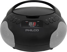 Load image into Gallery viewer, Philco Portable CD Player Boombox with Speakers and AM FM Radio | Black Boom Box Compatible with CD-R/CD-RW and Audio CD | 3.5mm Aux Input | Stereo Sound | LED Display | AC/Battery Powered
