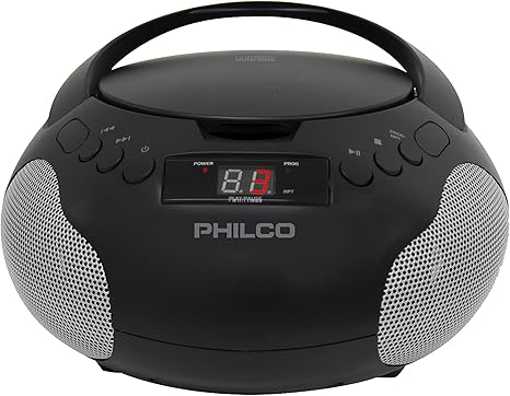 Philco Portable CD Player Boombox with Speakers and AM FM Radio | Black Boom Box Compatible with CD-R/CD-RW and Audio CD | 3.5mm Aux Input | Stereo Sound | LED Display | AC/Battery Powered