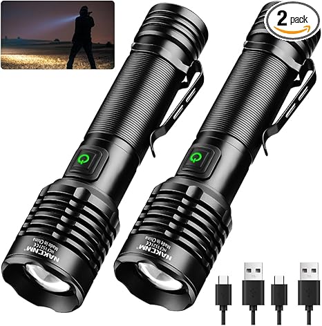 NAKCNM LED Flashlights High Lumens, Rechargeable Pocket Flashlight with Clip 5 Modes Super Bright 20000 Lumen, Waterproof Small Flashlights Powerful Flash Light for Home Outdoor Emergencies(2 Pack)