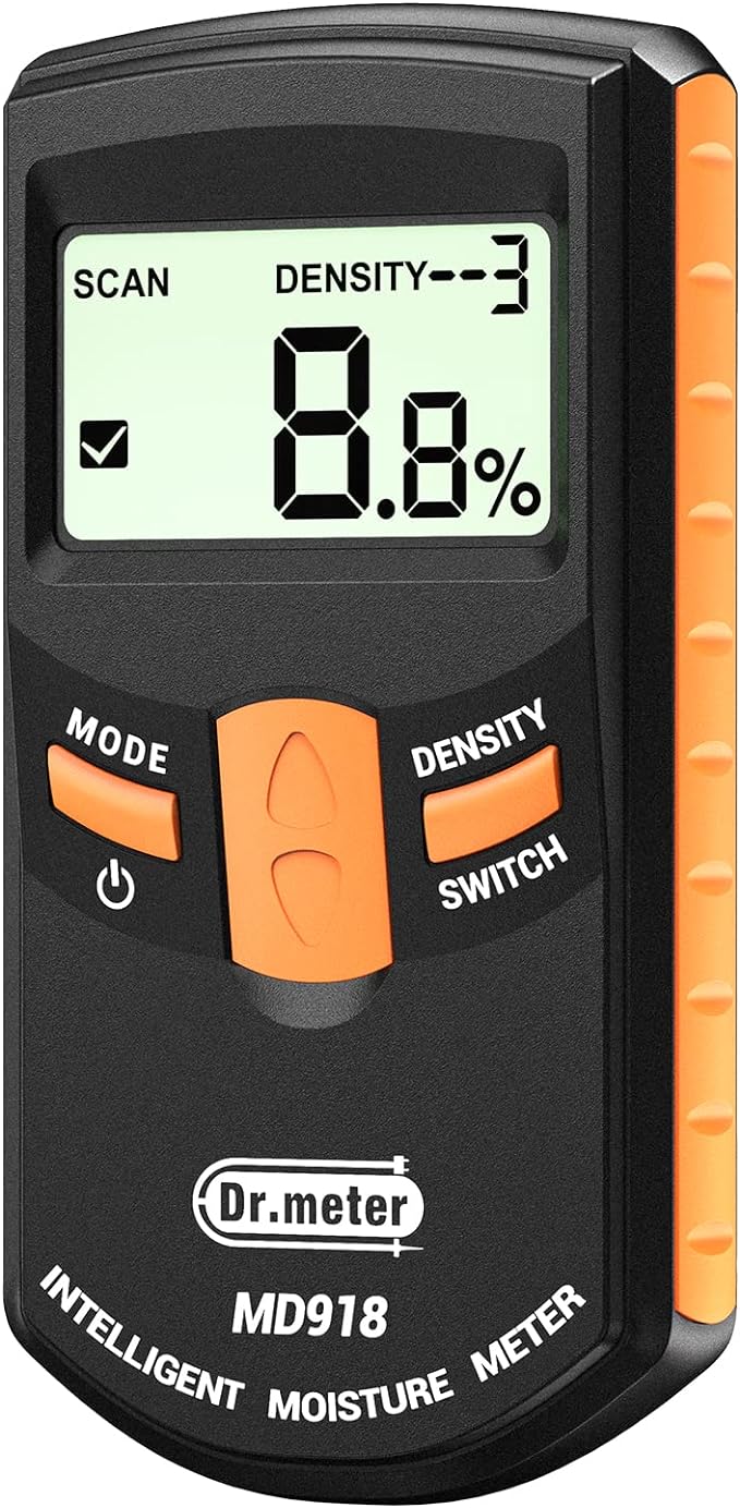 Dr.meter Pinless Wood Moisture Meter, Upgraded Version Inductive Pinless Tools Intelligent Moisture Meter Digital Moisture Meter for Wood (Range 4% - 80% RH; Accuracy: 0.5%), MD918