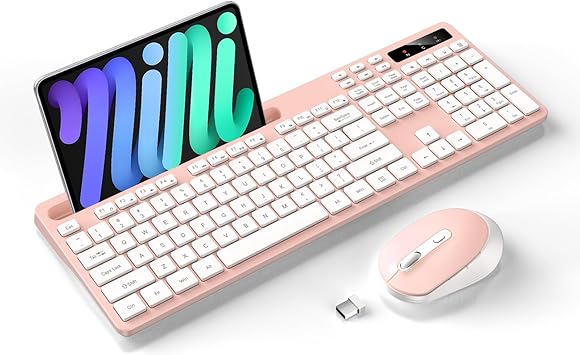 Wireless Keyboard and Mouse Combo, Soueto 2.4G Full-Sized Computer Keyboard with Phone Tablet Holder, 22 Multimedia Shortcuts, Numeric Keypad, 6 Button Silent Mouse for Windows, Mac (Pink)