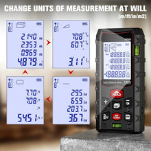 Load image into Gallery viewer, Laser Measure 196ft, Charcity Laser Distance Meter 60M(M/in/F) with 2 Bubble Levels, Mute Function IP54 Waterproof Large LCD Backlit, for Pythagorean Mode, Measuring Distance, Area, Volume
