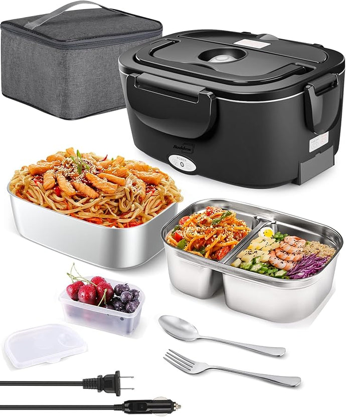 Buddew Electric Lunch Box 80W Food Heater with Dual Container, Portable Lunch Warmer for Adults, Upgraded Heated Lunch Box for Car/Truck/Office with SS Fork&Spoon and Insulated Carry Bag (Black)