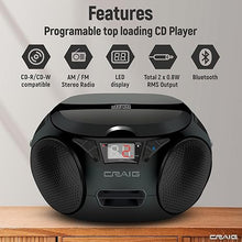 Load image into Gallery viewer, |Craig CD6925 Portable Top-Loading Stereo CD Boombox with AM/FM Stereo Radio | Bluetooth Wireless (Black, Bluetooth) | No Headphone Jack | 3.5mm Aux Input
