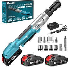 Load image into Gallery viewer, Seesii 21V Cordless Electric Ratchet Wrench Set, 66Ft-lbs 200RPM Power Ratchet Wrench 3/8", Variable Speed Trigger, 2x 2.0A Batteries &amp; Charger, 8 Sockets, 1/4" and 1/2" Adapter, 3" Extension Bar
