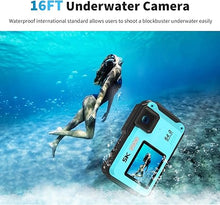 Load image into Gallery viewer, VETEK Underwater Camera, UHD 5K 64MP 16FT Waterproof Digital Camera with WiFi Connection 16X Zoom Selfie Dual Screens Waterproof Camera for Snorkeling with 32GB Card and 1200mAh Battery(Blue)
