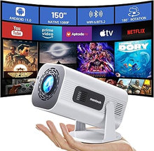 Load image into Gallery viewer, Mini Projector with WiFi and Bluetooth, 180°Adjustable Stand Smart Projector, 150&quot; Portable Projector with Android TV 11.0, 2.4G/5G, Native 1080P, 300 ANSI Auto Keyston Outdoor/Home Movie, White
