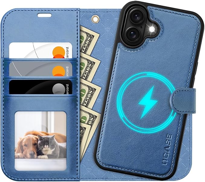 OCASE for iPhone 16 Case Detachable Wallet Case with Card Holder, 2 in 1 Pu Leather Flip Folio with RFID Blocking Stand Wrist Strap Shockproof Phone Cover 6.1 Inch 2024, Light Blue