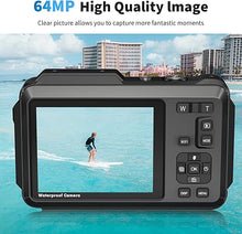 Load image into Gallery viewer, Underwater Camera, UHD 5K 64MP 16FT Waterproof Digital Camera with WiFi Connection 16X Zoom Selfie Dual Screens Waterproof Camera for Snorkeling with 32GB Card and 1200mAh Battery(Black)
