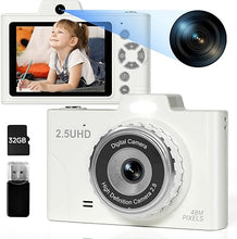 Load image into Gallery viewer, Digital Camera for Teens, 48MP FHD Dual Camera with 2.5K Video, 32GB SD Card, 8X Zoom, White Cheap Small Camera with Card Reader, Compact Point and Shoot Camera with Games for Kids, Boys, Student
