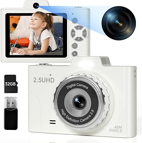 Digital Camera for Teens, 48MP FHD Dual Camera with 2.5K Video, 32GB SD Card, 8X Zoom, White Cheap Small Camera with Card Reader, Compact Point and Shoot Camera with Games for Kids, Boys, Student