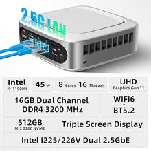 Load image into Gallery viewer, AWOW Mini PC Intel Core i9-11900H(4.9GHz, 8C/16T), 16GB DDR4 512GB SSD, W-11 Pro Mini Desktop Computer 4K Triple Display, 2.5G Dual LAN, WiFi6, BT5.2, 6X USB Ports, MGI9 Micro PC for Home/Office
