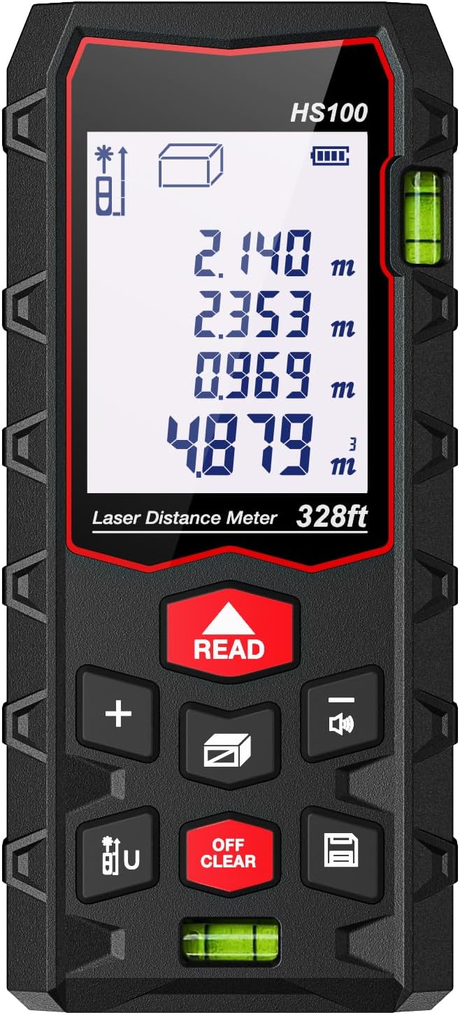 Laser Measure 328ft, Charcity Laser Distance Meter 100M(M/in/F) with 2 Bubble Levels, Mute Function IP54 Waterproof Large LCD Backlit, for Pythagorean Mode, Measuring Distance, Area, Volume