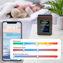 Load image into Gallery viewer, 15-in-1 Air Quality Monitor Indoor CO/CO2/HCHO/TVOC/AQI/PM0.3/PM1.0/PM2.5/PM10/Thermometer/Humidity Monitor/Date and Time/Alarm Clock/Timer/Mobile APP, WiFi, Alerts &amp; Notifications (Balck Red)
