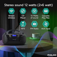 Load image into Gallery viewer, Philco Bluetooth CD Boombox with Cassette, MP3 CD USB Playback The Ultimate Retro Music Combo with Best Class Sound Performance, 12 watts, and Telescopic FM Antenna Provides Maximum Radio Reception
