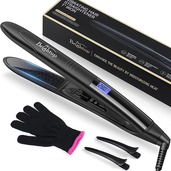 Brightup Hair Straightener Ceramic Flat Iron, Rapid 20S Heat Up, Vibrating Hair Straightener and Curler 2 in 1 with 10 Temperature Control and Auto Shut Off for Super Smooth Finish, 1