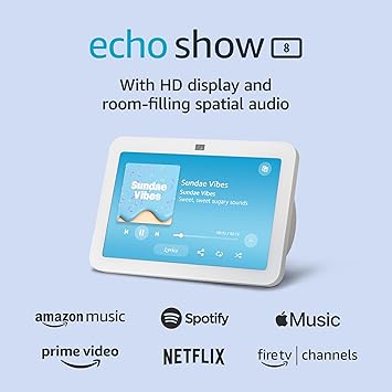 Amazon Echo Show 8 (newest model), With Spatial Audio, Smart Home Hub, and Alexa, Glacier White