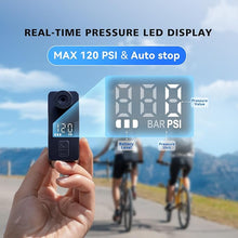 Load image into Gallery viewer, AIRBANK Mini Bike Pump with Gauge Pocket PRO, Max 120PSI Bike Air Pump Auto Shut-Off, Portable Electric Bicycle Pump for Road Bike and Balls, Tire Inflator for Schrader &amp; Presta Valve
