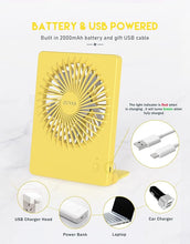 Load image into Gallery viewer, Zuvas Desk Fan Battery Operated Fan Rechargeable 180°Tilt Folding Personal Fan Ultra Quiet Small Portable Fan 3 Speed Adjustable Strong Wind USB Fan For Office Bedroom Home Desktop Camping (Yellow)
