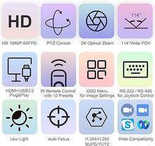 Load image into Gallery viewer, 3X Optical Zoom PTZ Camera HDMI USB 3.0 1080P 60fps 114-Degree Wide-Angle for Video Conference Business Meeting Live Streaming Online Learn with Zoom Skype Teams OBS and More
