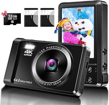 Load image into Gallery viewer, Digital Camera - 4K 64MP Digital Cameras for Photography - UHD Autofocus Point and Shoot Small Camera for Kids - Portable Compact Vlogging Camera with 16X Zoom 32GB Card 2 Batteries for Teens Beginner
