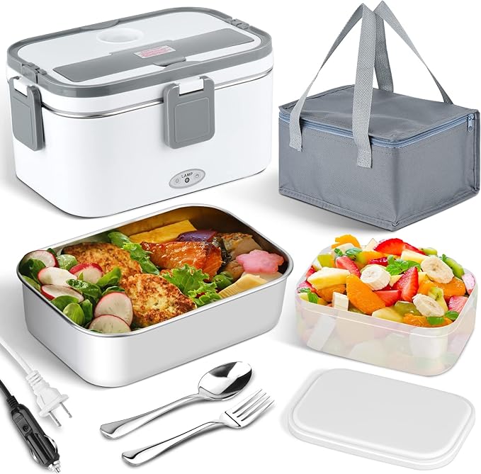 FVW Electric Lunch Box 80W Food Heated 12V 24V 110V Portable Food Warmer Heater for Car/Truck/Home Self Heating Box with 1.8L 304 Stainless Steel Container 0.45L Compartment (White + Grey)