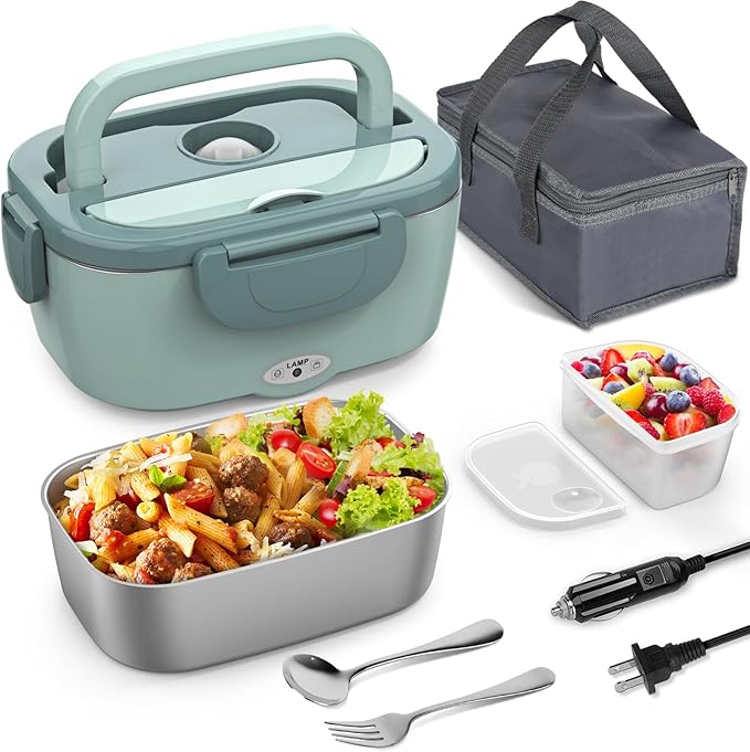 Electric Lunch Box Food Heater, 3 in 1 Portable Heated Lunch Box for Car/Truck/Work, Heating Lunch Box for Adults with 1.5L Removable Stainless Steel Container, 110V 24V 12V, 80W-60W