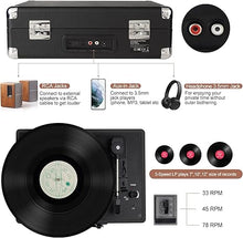 Load image into Gallery viewer, Vinyl Record Player, 3 Speeds Belt Driven Suitcase Portable Turntable for Vinyl Records with Built-in Speakers/RCA Output/Aux in/Headphone Jack/ 45 Adapter Black
