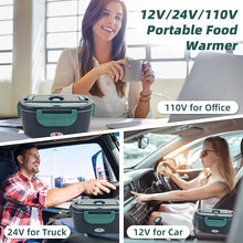 Load image into Gallery viewer, Electric Lunch Box Food Heater, 80W Portable Warmer for Car Truck Work with 304 Stainless Steel Container, 12V/24V/110V Green Heated Lunch Box Suitable for Ideal Driver/Work/Gift
