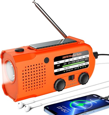 Hand Crank Radio,Emergency Radio, NOAA/AM/FM Weather Radio, Solar Radio, 5000MAH Rechargeable Battery Powered with USB Charging (Orange)