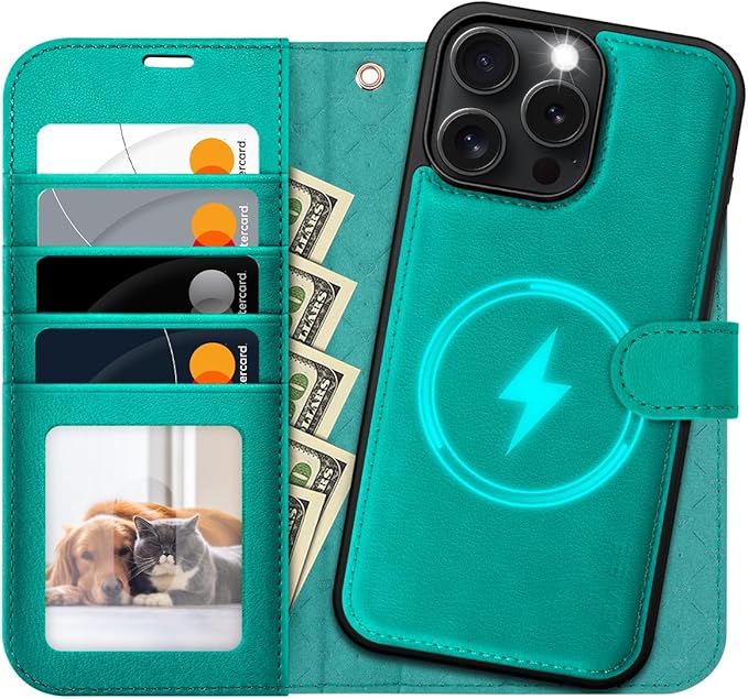 OCASE for iPhone 16 Pro Max Case Detachable Wallet Case with Card Holder, 2 in 1 Pu Leather Flip Folio with RFID Blocking Stand Wrist Strap Shockproof Phone Cover 6.9 Inch 2024, Blue Green