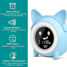 Load image into Gallery viewer, Kids Alarm Clock, Toddlers Sleep Training Clock with Night Light Sound Machine Nap Timer, Stay in Bed Clock, Cute Kids Room Decor, Gift Ideas for Boy Girl
