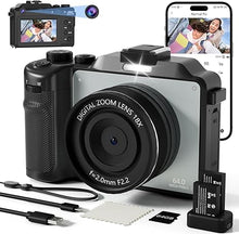 Load image into Gallery viewer, 4K Digital Camera For photography, 64MP WiFi Autofoucs Vlogging Camera for Youtube, 4K Video Compact Travel Point Shoot Cameras with Flash, Selfie Lens, 64GB Card, 18X Zoom, 2 Batteries+Charger(Black)
