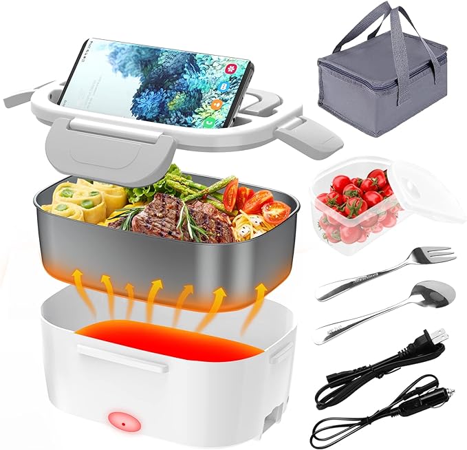 Electric Lunch Box, Food Warmer Heater 12V 24V 110V, 80W Faster Heated Lunch Box for Car/Truck/Home Portable Heating Boxes with 1.5L 304 SS Container Fork & Spoon, White+Gray