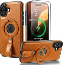 Load image into Gallery viewer, Capture Grip Strap Magnetic Stand for iPhone 16 Plus Case with Screen Protector, Protective iPhone 16 Plus Case Leather, Compatible with MagSafe, Built-in Kickstand,for Men Women, Brown

