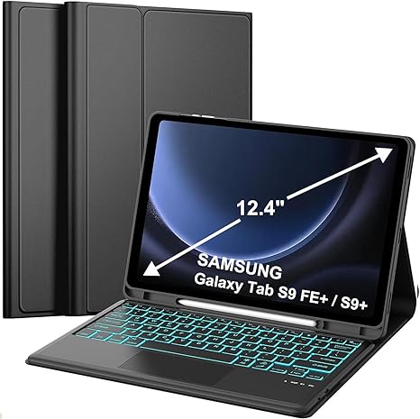 KVAGO Keyboard Case for Samsung Galaxy Tab S9 FE+ / S9+ 12.4 inch, Multi-Touch Trackpad, 7 Colors Backlit Keyboard, Auto Sleep/Wake Slim Folio Keyboard Case with S Pen Holder Galaxy Tab S9+ 2023 Black