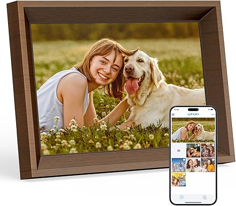 Dragon Touch Digital Picture Frame -10.1 WiFi Digital Photo Frame for Gifts,Show Videos on Auto-Rotate & Wall-Mountable Touch Screen Frame,Easy Share, Send via Phone APP, Email,Wood Brown