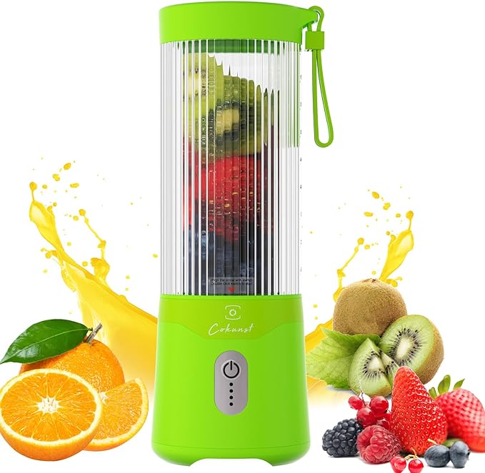 COKUNST Portable Blender for Smoothies, USB Rechargeable Personal Smoothie Shakes Blender, 16 OZ Mini Juicer Mixer with 6 Blades, Small Blender Cup with 2 Lids for Travel, Office, Gym, Kitchen Green