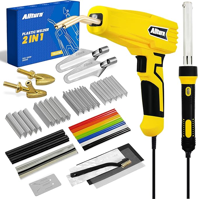 Allturn Plastic Welder,Plastic Welding Kit 3 in 1,Plastic Repair Welder Kit,1000pcs Plastic Welding Staples,Plastic Welding Rods Kit,Repair for Most Thermoset Plastics,Yellow