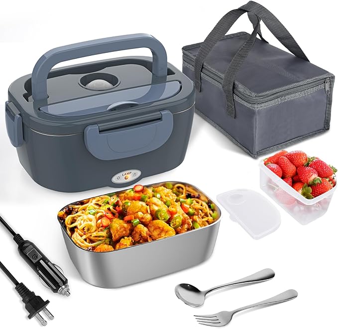 Electric Lunch Box Food Heater for Adults, 80W/1.5L Heated Lunch Box for Men Work Car Truck, Portable Food Warmer Lunch Box Upgraded with Fork&Spoon and Insulated Carry Bag, 12V/24V/110V