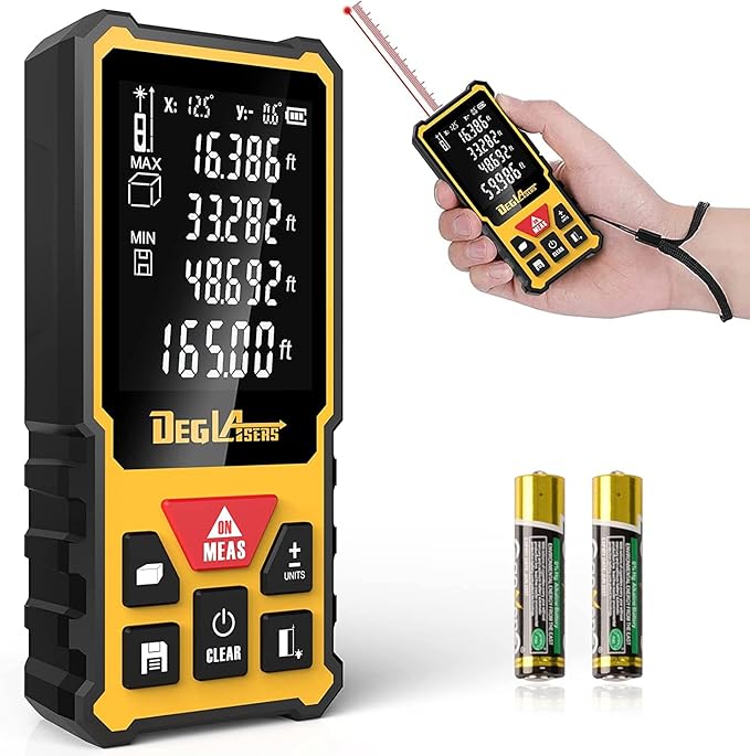 Laser Measurement Tool,DEGLASERS Laser Measure with Dual Angle Display,M/in/Ft Unit Switching,Backlit LCD, Digital Laser Distance Meter for Measure Distance (165FT)