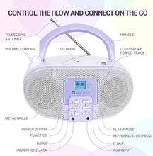 Load image into Gallery viewer, SingingWood GC01 Macarons Series Portable CD Player Boombox with AM FM Stereo Radio Kids CD Player LCD Display, Front Aux-in Port Headphone Jack, Supported AC or Battery Powered -Lavender
