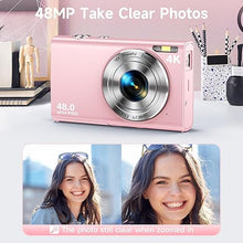 Load image into Gallery viewer, Digital Camera, Autofocus 48MP UHD 4K Vlogging Camera 16X Digital Zoom, Portable Compact Point and Shoot Digital Camera for Teens Adult Beginner with 32GB Card, 2 Batteries, Lanyard(Pink)
