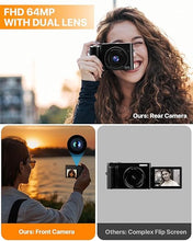 Load image into Gallery viewer, 4K Digital Camera, 64MP Dual Cameras for Photography Autofocus Anti-Shake, Video Vlogging Camera for YouTube, Compact Travel Camera with 32GB SD Card, 16X Digital Zoom, Flashlight, 2 Batteries+Charger
